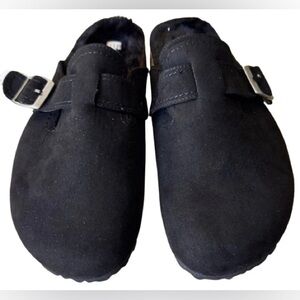 Esprit Sally Mules Women’s Black Faux Suede Fur Lined Slip On Buckle (NWB)